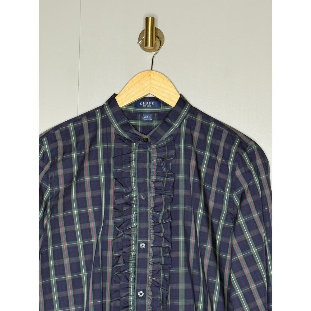 Chaps Navy Blue‎ Green Plaid Ruffle Front Band Collar Button Down Shirt Large - Picture 4 of 8